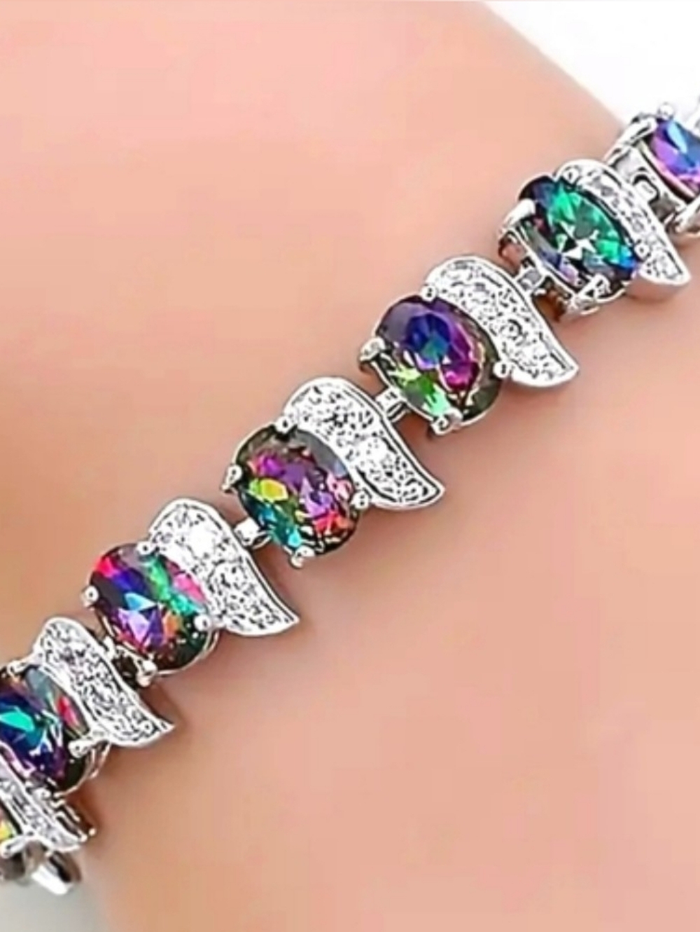Rainbow Mystic Topaz bracelet featuring rhinestone embellished links